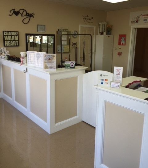 The reception desk inside Canine Clips Salon