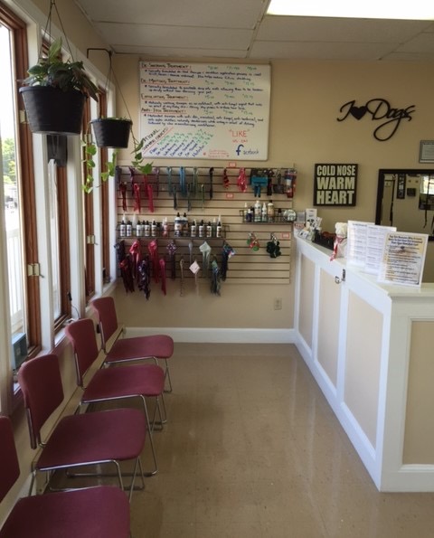 Canine Clips reception display with grooming-care products and accessories